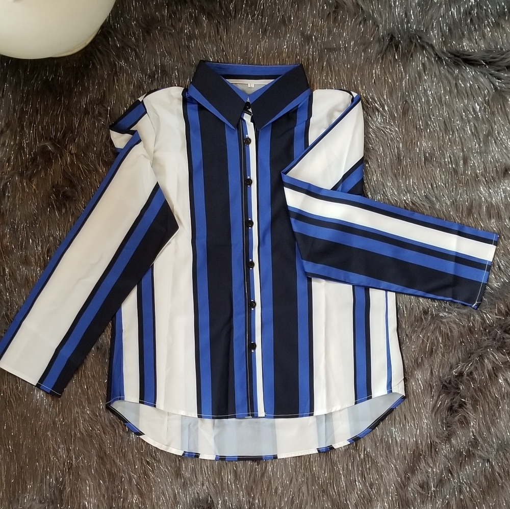 Floryday Black/Blue/White Striped Blouse